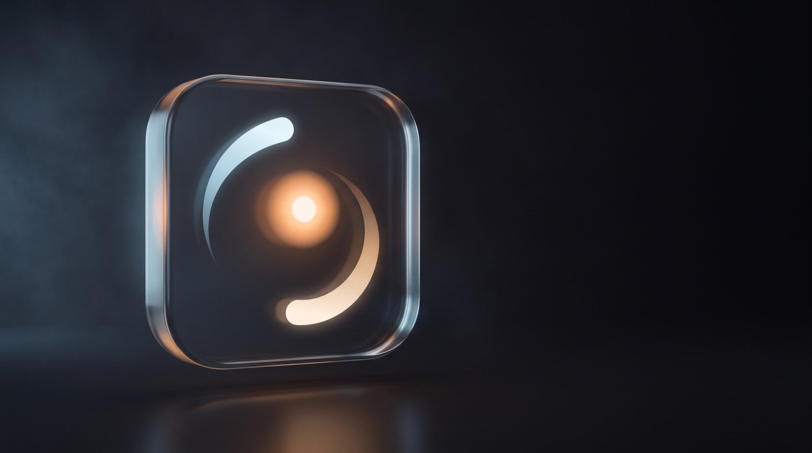 The VagusSense mark as a glowing glass tile: a warm ember core orbited by one cool and one warm trail of light.