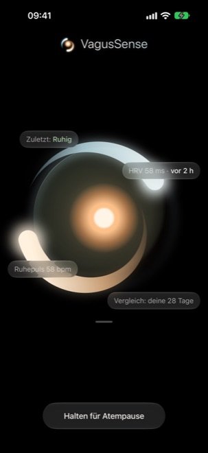 Screenshot with sample data: the VagusSense iPhone screen: the glowing orbit in the centre, with the German labels «Zuletzt: Ruhig» (latest: settled), «HRV 58 ms · vor 2 h» (2 hours ago), «Ruhepuls 58 bpm» (resting heart rate) and «Vergleich: deine 28 Tage» (compared with your own 28 days).