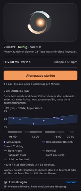The VagusSense window on the Mac: the orbit, the latest state with its age, the raw values, a button to start a breathing pause, and the working day as a chart.
